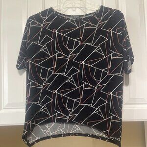 Clara Sun Woo Top Shirt Blouse  Stretchy Black Gray Tan Geometric Print XS